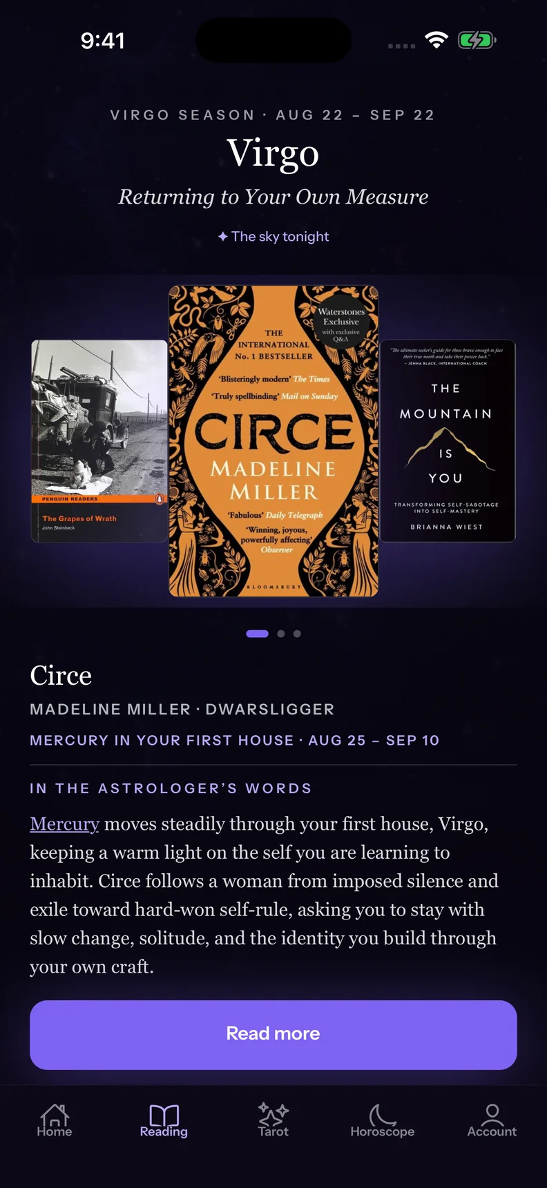 Starlit’s Reading screen, with a seasonal book recommendation and its accompanying reflection.